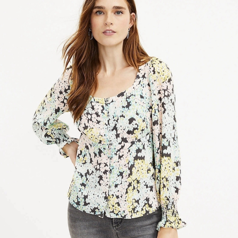 LOFT Yellow Blue Pink Ruffled Long Sleeve Blouse